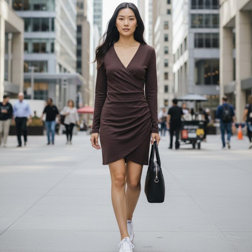 RW&CO | Deep Plum Marled Wrap-Style Ruched Sweater Dress | Large